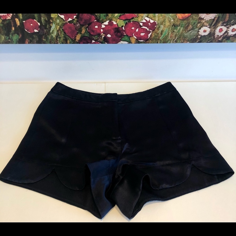 Midnight blue satin shorts.